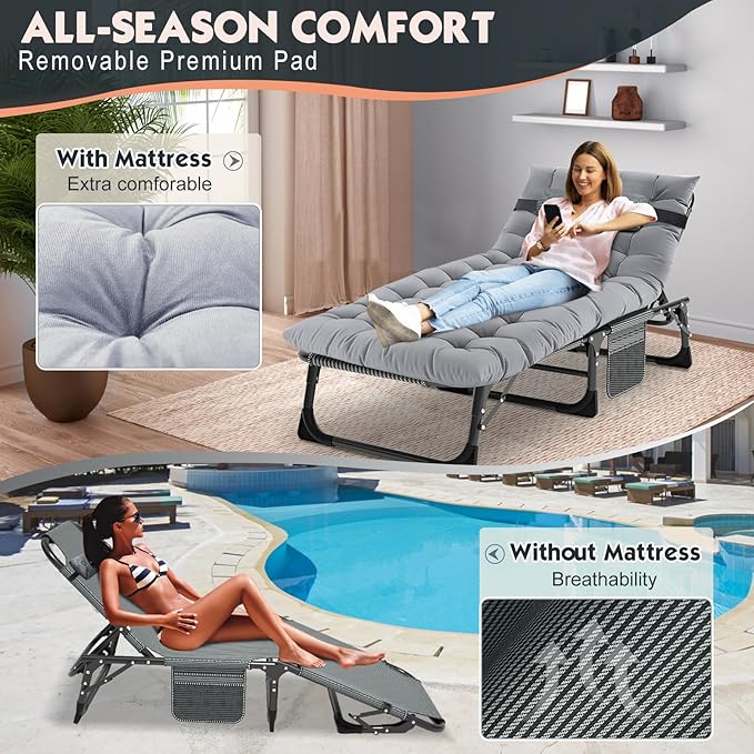 MOPHOTO Folding Lounge Chair 5-Position, Folding Cot, Portable Outdoor Chaise Lounge Chair for Sun Tanning, Perfect for Pool Beach Patio Sunbathing