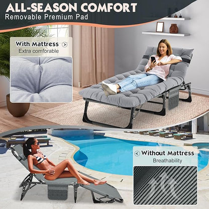 MOPHOTO Folding Lounge Chair 5-Position, Folding Cot, Portable Outdoor Chaise Lounge Chair for Sun Tanning, Perfect for Pool Beach Patio Sunbathing