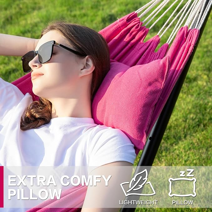 PNAEUT Double Hammocks with Stand for Outside, Portable Space Saving Heavy-Duty Steel Stand for Indoor Outdoor Patio with Carrying Bag, 450 lbs Capacity (Rose Pink)