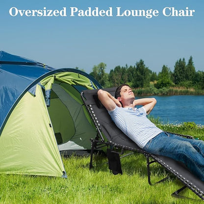 Oversized Padded Outdoor Folding Lounge Chair for Adults 330Ibs Patio Chaise Lounge Chair for Outside 5-Position Adjustable Reclining Beach Chair with Pillow Pocket
