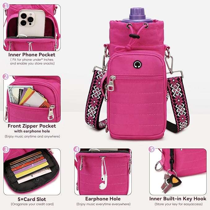 Water Bottle Carrier Bag with Strap, Sling Bag for Walking, Hiking, Cycling, Black, 40 Ounces