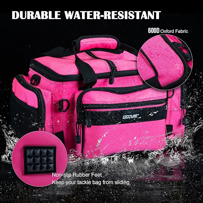 Goture Fishing Tackle Bag,Store Up to 4PCS 3700 Tackle Boxes(Not Included),600D Soft Side Water-Resistant Saltwater Gear Storage Fishing Bag with Rod Straps,Detachable Water Bottle Pouch,SBS Zippers
