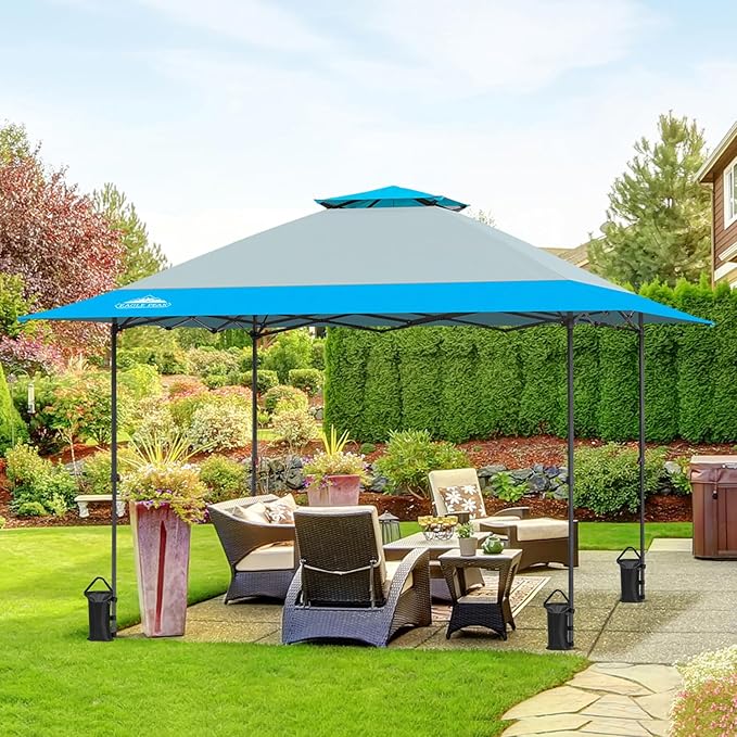 EAGLE PEAK 13x13 Straight Leg Pop Up Canopy Tent Instant Outdoor Canopy Easy Single Person Set up Folding Shelter w/Auto Extending Eaves 169 Square Feet of Shade (Light Blue)