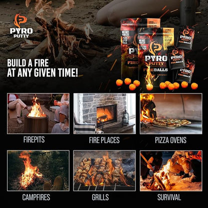 Pyro Putty Fire Balls: Fire Plugs Fire Starter with 7 Minute Burn Time, Waterproof, Weatherproof Emergency Kit Survival Gear Essential - 30 Pack