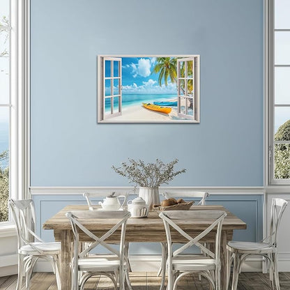 ANRUOXI Beach Wall Art, Window Frame Style Canvas Wall Decor Ocean, Blue Sea & Tropical Palm Tree Coasts Boats Canvas, Paradise Scenery Nature Landscape Painting for Living Room Office Home 24x36 Inch