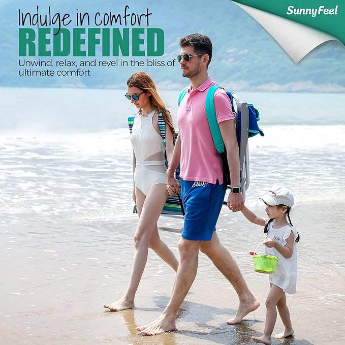 SUNNYFEEL High Back Folding Beach Chair, Tall Beach Chair with 3 Reclining Position, Portable Camping Chair for Adults with Wood Armrest, Lightweight Camping Chair 300 lbs Heavy Duty, Green, 2 Pack