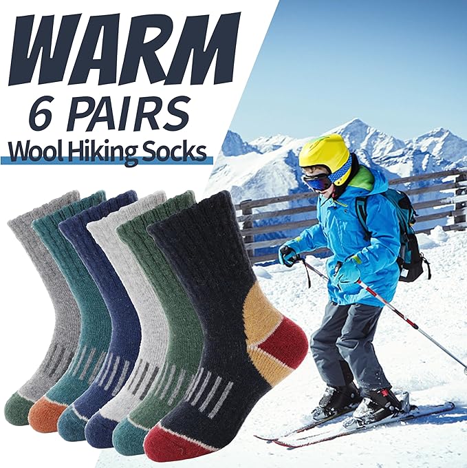 EBMORE Kids Merino Wool Hiking Socks Thermal Winter Warm Thick Boys Toddlers Girls Cushion Crew Socks 6 Pairs