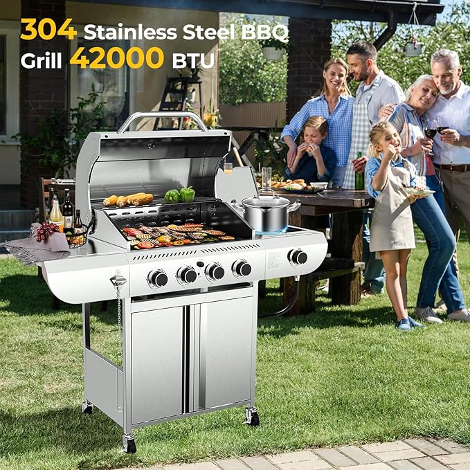 R.W.FLAME 4-Burner Propane Gas Grill with Side Burner, Stainless Steel Propane Grill 42000BTU for Outdoor Cooking, with Porcelain-Enameled Cast Iron Grates, Baking Pan, Silver
