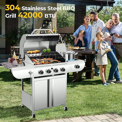R.W.FLAME 4-Burner Gas Grill with Side Burner, Stainless Steel Propane Grill 42000BTU for Outdoor Cooking, with Porcelain-Enameled Cast Iron Grates, Baking Pan, Silver