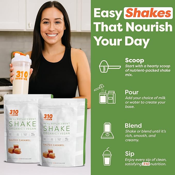 310 Nutrition Organic All-In-One Meal Replacement Shake Powder - Plant-Based Protein Smoothie Blend w/Fiber, Probiotics & Adaptogens - Low Carb, Vegan, Keto & Paleo - Caramel - 14 Servings