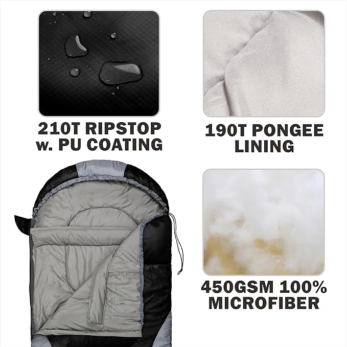 0 Degree Winter Sleeping Bags for Adults Camping (450GSM) - Temp Range (5F–32F) Portable Waterproof Compression Sack- Camping Sleeping Bags for Big and Tall in Env Hoodie: Backpacking Hiking 4 Season