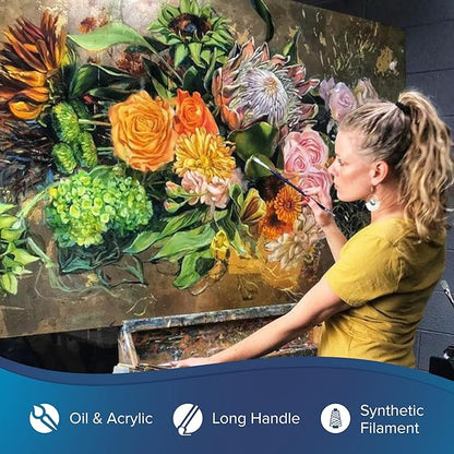 Silver Brush Limited BR-1951 Bristlon Long Handle Flat Brushes with Very Stiff White Synthetic Tips, 6pc Premium Artist Painting Set for Acrylic, Oil, Watercolor & All Media, Sizes 00, 0, 1, 2, 4, & 6