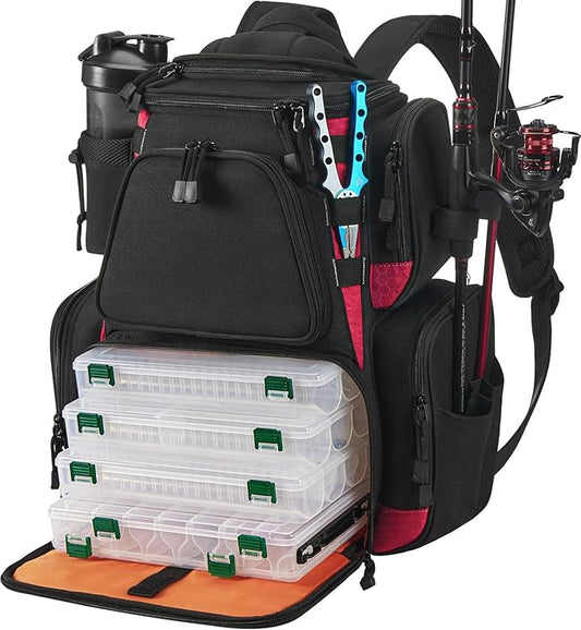 Piscifun Fishing Backpack with 2 Rod Holders & 4 Tackle Boxes, Large Tackle Storage Bag With Rain Cover for Fishing Gear