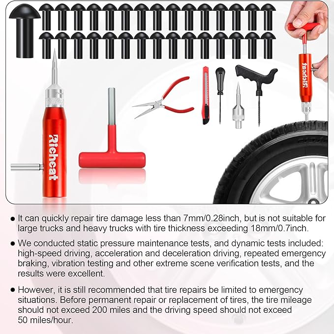 Richcat Tubeless Tire Puncture Repair Kit with Mushroom Plug, Repairs punctures and Flat Tires for Motorcycles, Cars, Trucks, ATVs and Tractors