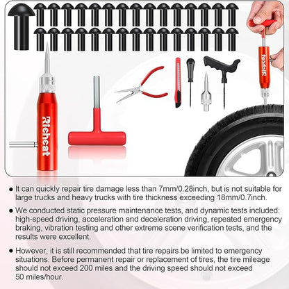 Richcat Tubeless Tire Puncture Repair Kit with Mushroom Plug, Repairs punctures and Flat Tires for Motorcycles, Cars, Trucks, ATVs and Tractors
