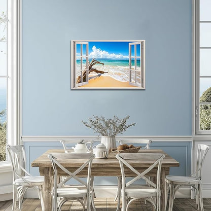 ANRUOXI Beach Pictures Wall Art Decor for Living Room, Blue Ocean Painting Decor for Bedroom, White Window Frame Style Broken Tree Canvas Wall Decor, Coastal Landscape Artwork for Office 24x36 Inch