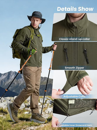 Men's Lightweight Waterproof Jacket,Tactical Rain Zip Up Softshell Jacket Windbreaker Casual for Hiking Travel Golf