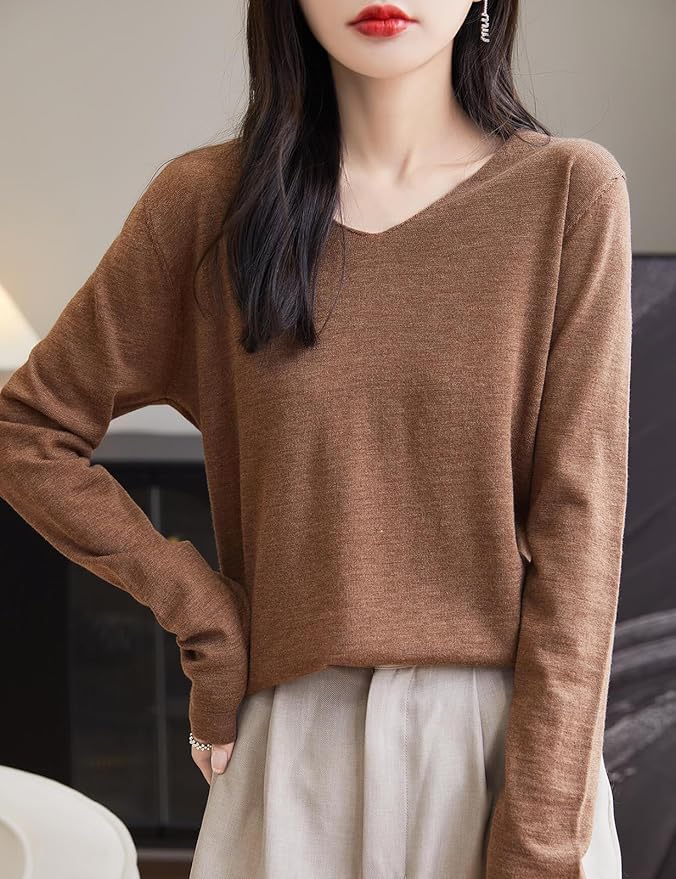 Chanyarn Women's 100% Merino Wool Base Layer Shirt Tops V Neck Long Sleeve Travel Hiking Tee T Shirt Pullover Sweater