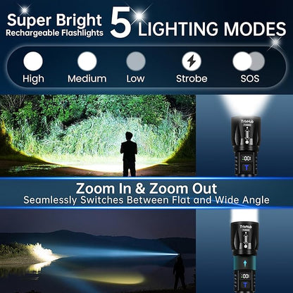 Rechargeable Flashlights High Lumens 2Pack, 5Mode Flash Light with LCD Digital Display, Super Bright Flashlight Adjustable Tactical Flashlight, High Powered LED Handheld Flashlight for Home