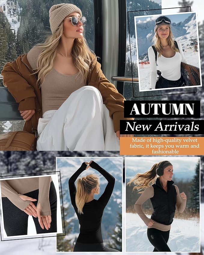 Riyiper 3 Pack Women's Thermal Long Sleeve Shirts, Fleece Scoop Neck Fitted Top Stretchy Thumb Holes Undershirt Baselayer Tee