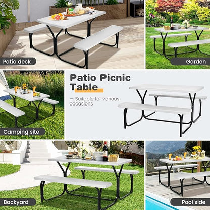 Tangkula Picnic Table Bench Set, Outdoor Picnic Table with 2 Benches, Metal Camping Table with Plastic Wood-Like Texture Tabletop & Steel Frame, Ideal for Picnic, Party, Garden, Lawn (White)