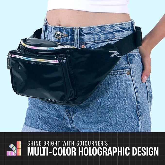 Black Holographic Fanny Pack Belt bag - Crossbody Waist Bag for Men or Women - Hands-Free, Waterproof Large Bumbag for Hiking, Running, and Travel