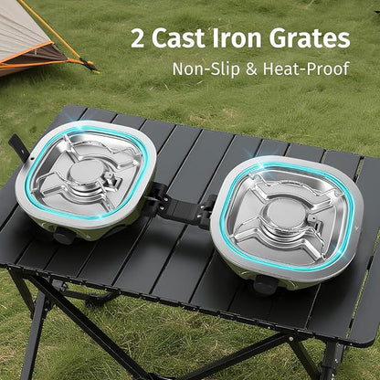 Propane Camping Stove 20,000 BTU - Portable 2 Burner Gas Stove with Adjustable Flame Control, Piezo Ignition, Carry Bag & Propane Adapter Hose, Folding Design for Camp, BBQ, Tailgating, Green