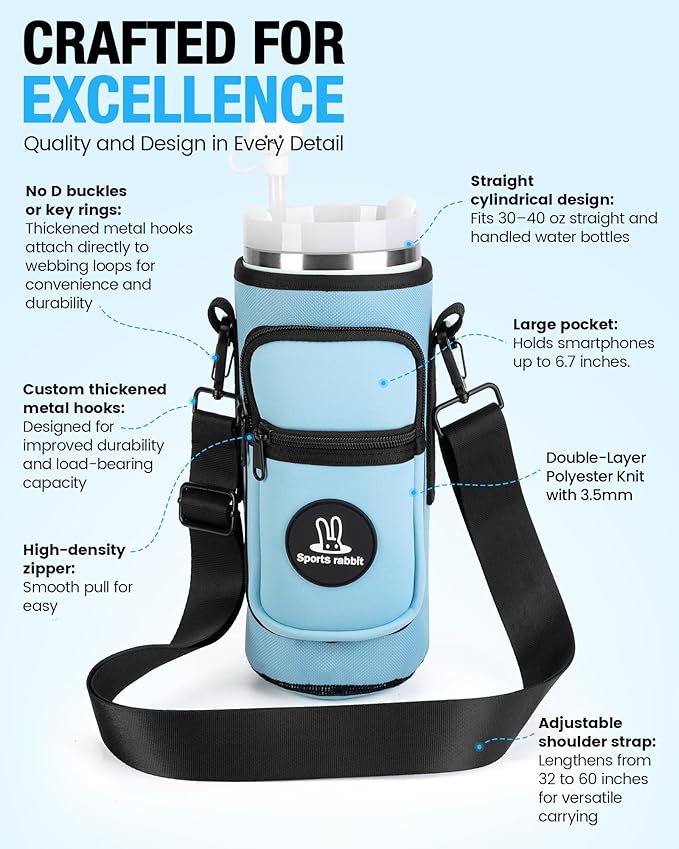 Sports rabbit Universal Water Bottle Holder – Durable Oxford & Neoprene Hybrid Design Compatible with Stanley 30/40oz Handled & 64/87oz Straight Tumblers, Adjustable Strap for Gym, Travel, Outdoors
