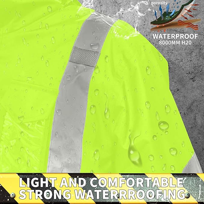 Safety Rain Jacket for Men Waterproof，Class 3 Hi Vis Rain Gear with Collapsible Hood， Breathable Rain Suits with Inner Mesh Lining and pocket，Reflective Waterproof Pants 4XL/5XL