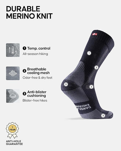 DANISH ENDURANCE Merino Wool Hiking Crew Socks for Men & Women, Cushioned Anti-Blister, Breathable - 3 Pairs