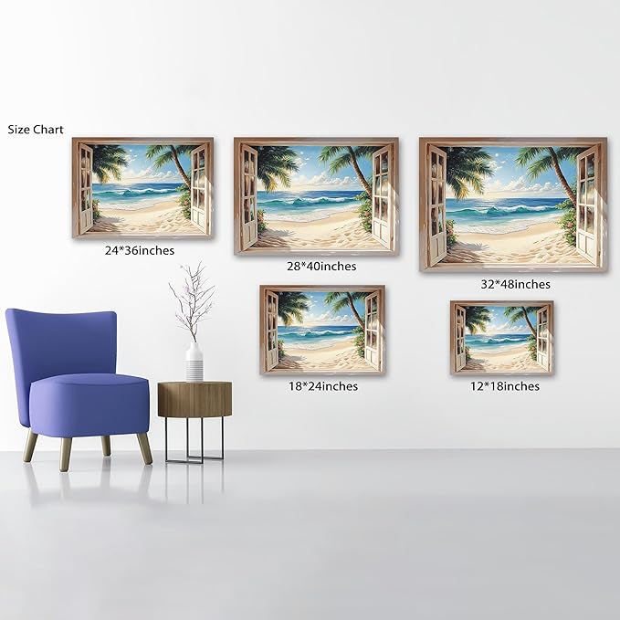 ANRUOXI Beach Wall Art, Blue Ocean Canvas Prints Wall Decor, Window Frame Style Sea Canvas Wall Decor, Ocean Seaside Painting, Nature Coastal Landscape Framed Artwork for Living Room Office 12x18 Inch