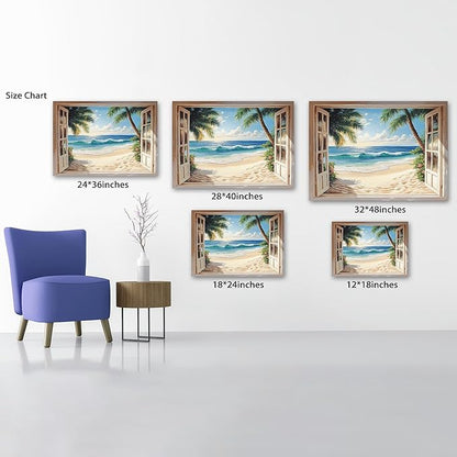 ANRUOXI Beach Wall Art, Blue Ocean Canvas Prints Wall Decor, Window Frame Style Sea Canvas Wall Decor, Ocean Seaside Painting, Nature Coastal Landscape Framed Artwork for Living Room Office 12x18 Inch