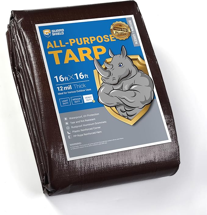 GUARD SHIELD Brown Tarp 16x16 Feet Large Plastic Tarps Heavy Duty Waterproof Outdoor Tarpaulin Cover 12mil