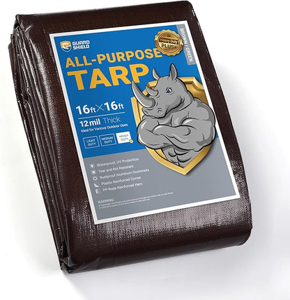 GUARD SHIELD Brown Tarp 16x16 Feet Large Plastic Tarps Heavy Duty Waterproof Outdoor Tarpaulin Cover 12mil
