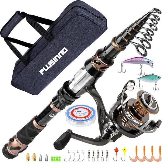 PLUSINNO Fishing Rod and Reel Combos - Carbon Fiber Telescopic Fishing Pole - Spinning Reel 12 +1 Shielded Bearings Stainless Steel BB