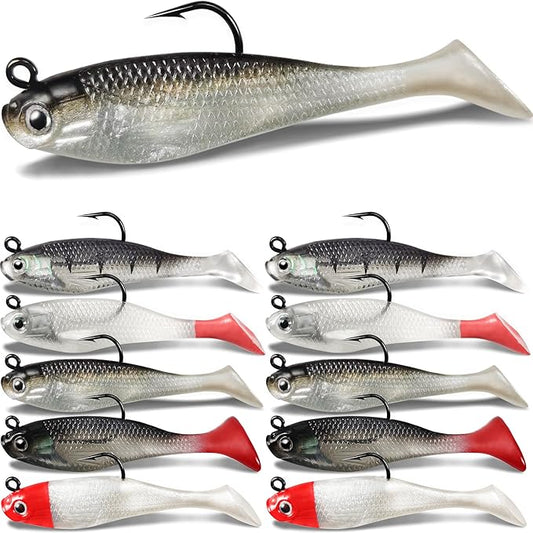 Soft Fishing Lures Shad Minnow Swimbaits, Pre-Rigged Jig Heads Paddle Tail Swim Baits for Bass, Trout, Walleye, Crappie, Sinking Jigs Bait for Saltwater Freshwater, Fishing Gifts for Men