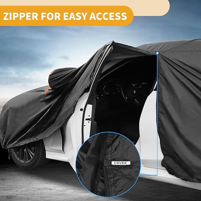 Universal Car Cover Waterproof All Weather 210D-PU, UV Sun Rain Protection, Fits for Sedan Length 178"-186", with Left Side Zipper, Black