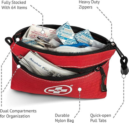 Swiss Safe 2-in-1 First Aid Kit for Car, Travel & Home, Businesses - Bonus Mini Kit for Medical Emergency Aid, Survival, Camping - 64 Piece, Travel FAK