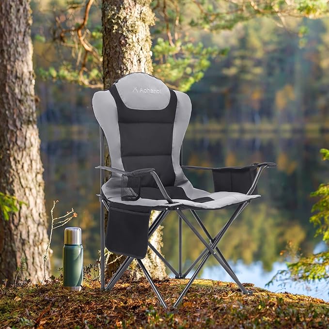 Camping Chairs for Heavy People, Folding Chairs for Outside Outdoor Folding Chairs with Cup Holder & Cooler Bag, Camp Chairs Supports up to 300lbs(1 PC, Black)