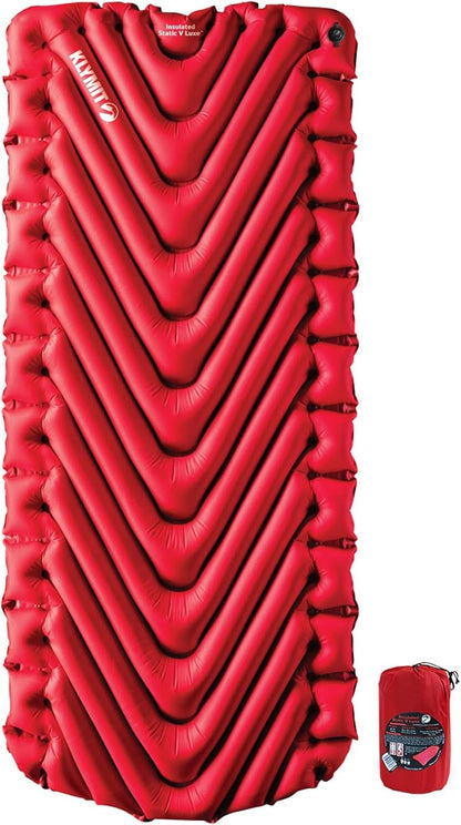 Klymit Insulated Static V Luxe Inflatable Sleeping Pad for Camping, Lightweight Hiking and Backpacking Air Bed for Cold Weather,Red & Insulated Static V Inflatable Sleeping Pad for Camping
