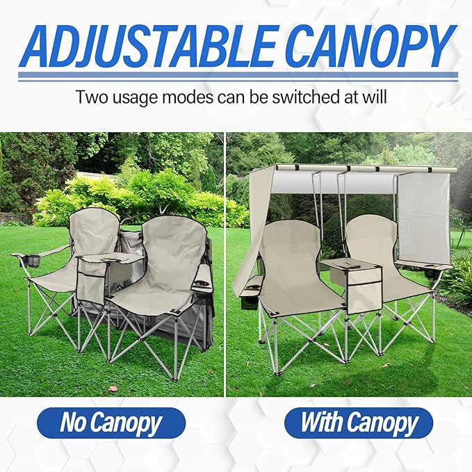 PLKO Portable Double Camping Chair with Canopy Shade,Heavy Duty Beach Chairs for Adults,Folding Beach Chair with Cooler Bag for Sports Backyard Fishing Outside（White）
