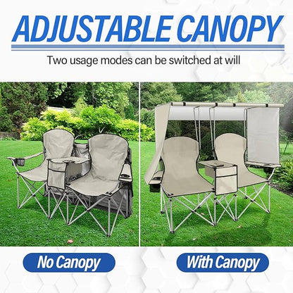 PLKO Portable Double Camping Chair with Canopy Shade,Heavy Duty Beach Chairs for Adults,Folding Beach Chair with Cooler Bag for Sports Backyard Fishing Outside（White）