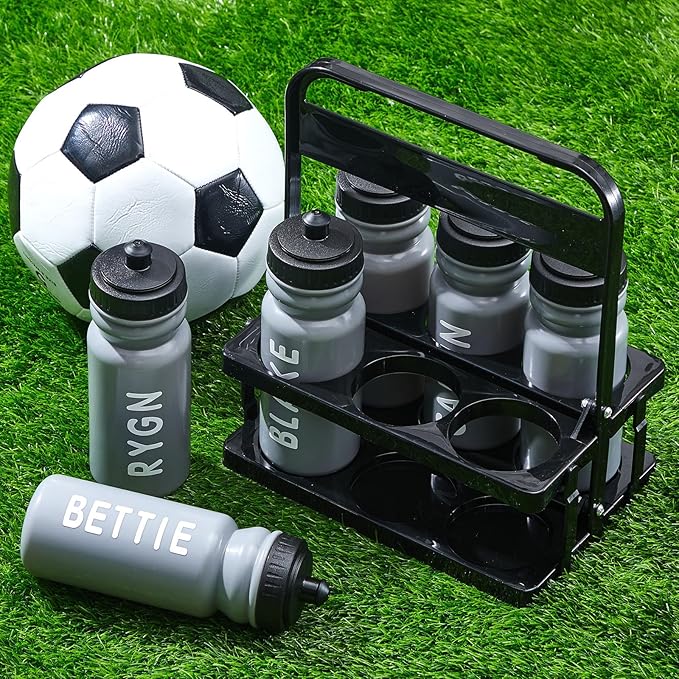 Suclain 14 Pcs Water Bottle Carrier with 20 Oz Bottles and Stickers Plastic Wide Mouth Sports Water Bottle Squeeze Team Bottles with Black Lid for Fitness Bike Gym (Grey)