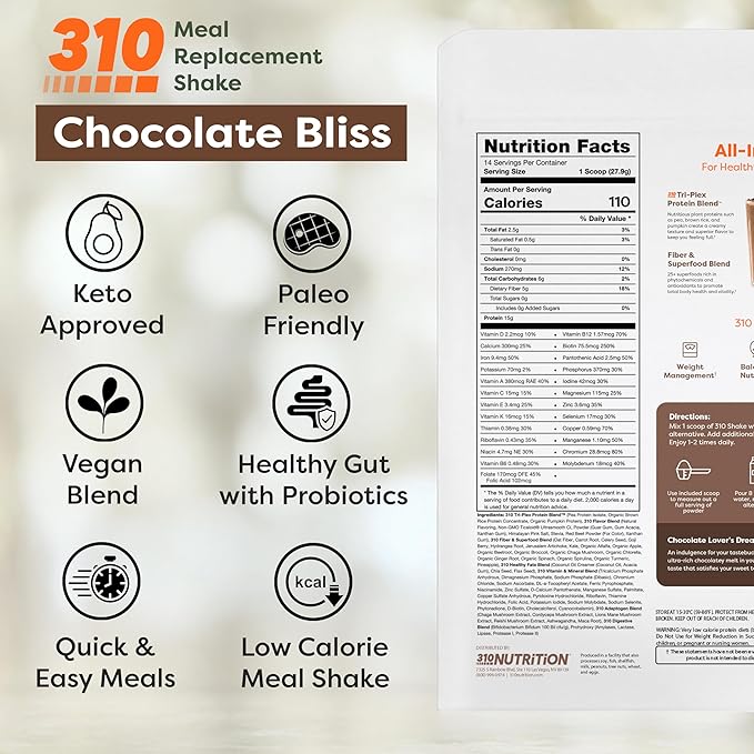 310 Nutrition All-In-One Meal Replacement Shake Powder - Plant-Based Protein Smoothie Blend w/High Fiber, Probiotics & Adaptogens - Low Carb, Vegan, Keto & Paleo Friendly - Chocolate Bliss - 28 Srv