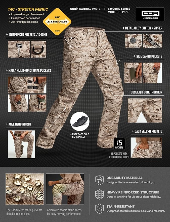 CQR Men's Flex Stretch Tactical Pants, Water Resistant Ripstop Cargo Pants, Lightweight EDC Outdoor Work Hiking Pants