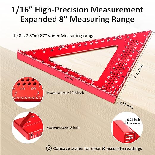 8 inch Carpenter Square, 1/16" Precision Hole Scribing Square Tools, 0-90° Aluminum Alloy Rafter Square, Woodworking Square & Carpenter Pencils 12 Refills
