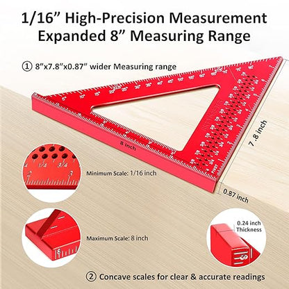 8 inch Carpenter Square, 1/16" Precision Hole Scribing Square Tools, 0-90° Aluminum Alloy Rafter Square, Woodworking Square & Carpenter Pencils 12 Refills