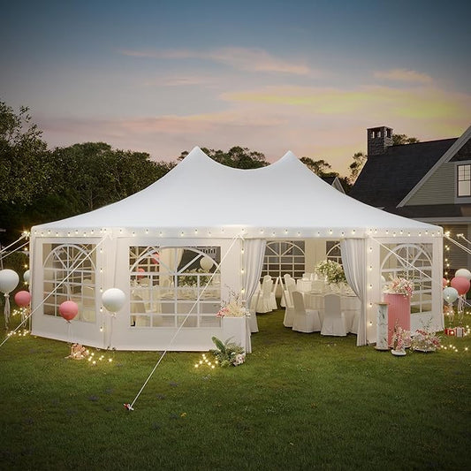 EROMMY 29x23ft Party Tent, White Wedding Tent, Dodecagonal Heavy Duty Canopy with Removable Sidewalls, 10 Church Windows and 2 Pull-Back Doors, Outdoor Gazebo Pavilion Shelter Tent for Party, Event