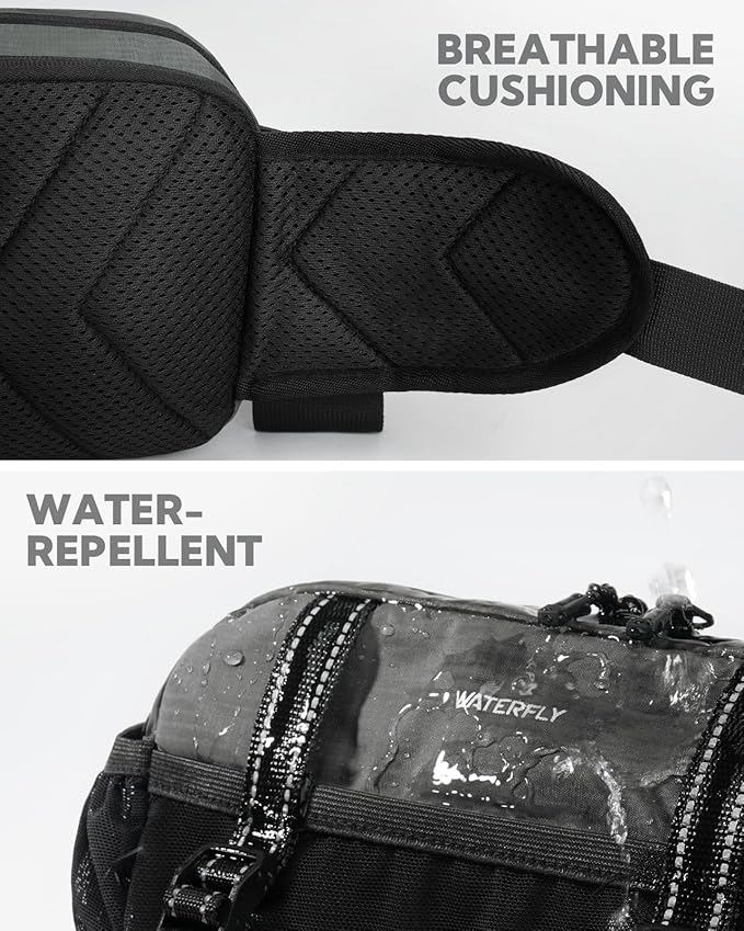 WATERFLY Large Hiking Fanny Pack: 3L Waist Bag with 2 Bottle Holders for Women Men - 9 Pockets & Adjustable Belt Lumbar Hip Packs for Travel Running Cycling Camping Workout (Bottles Not Included)