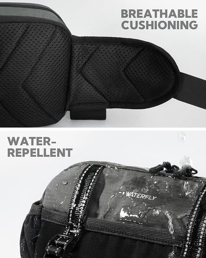 WATERFLY Large Hiking Fanny Pack: 3L Waist Bag with 2 Bottle Holders for Women Men - 9 Pockets & Adjustable Belt Lumbar Hip Packs for Travel Running Cycling Camping Workout (Bottles Not Included)